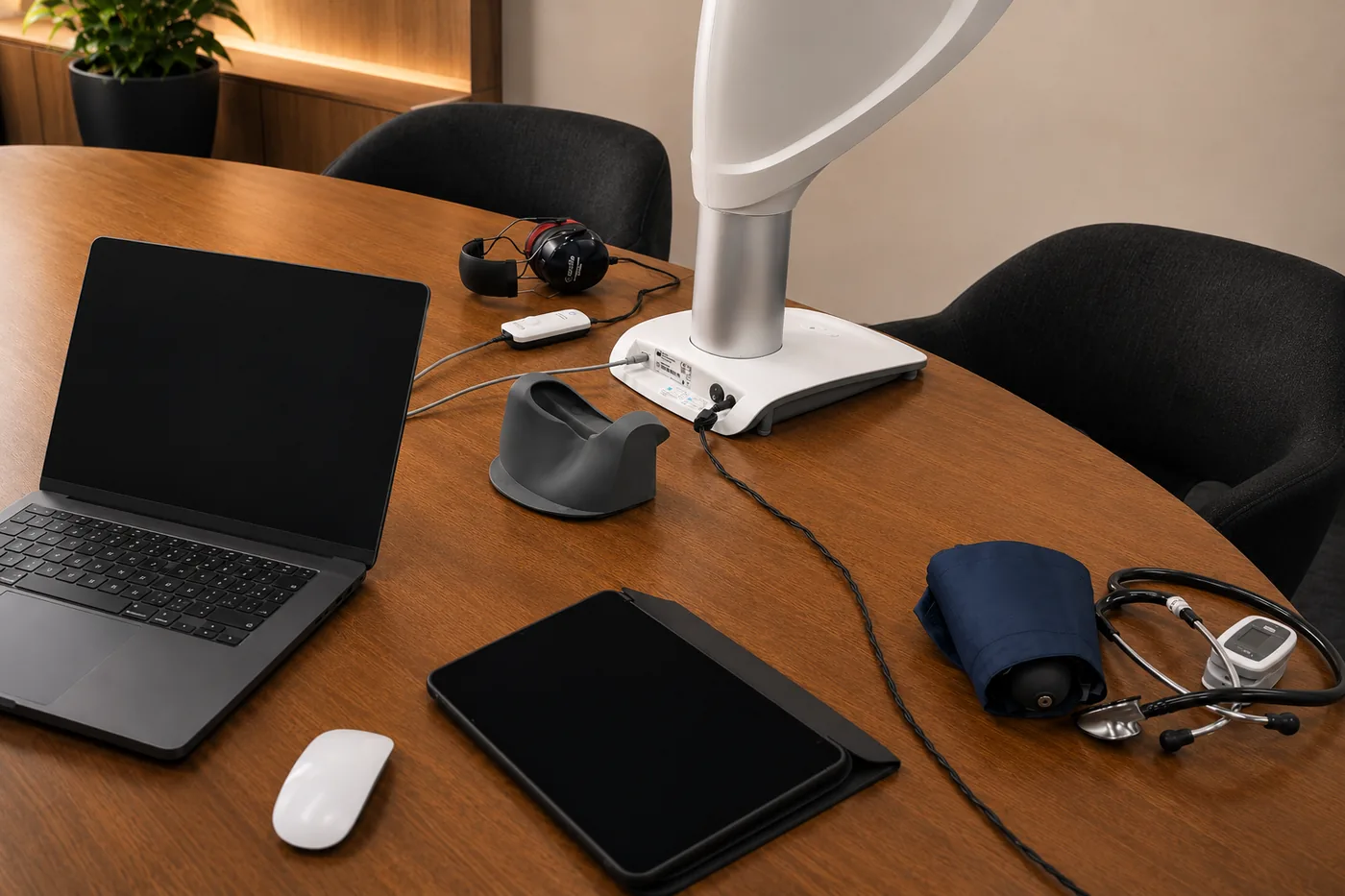 Mobile arbeitsmedizinische Diagnostik vor Ort beim Kunden: Laptop, Audiometrie-Kopfhörer, Sehtestgerät, Blutdruckmanschette und Stethoskop auf einem Besprechungstisch
